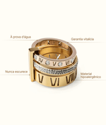 Anel Aro Triplo Algarismo Romano Banhado em Ouro 18K